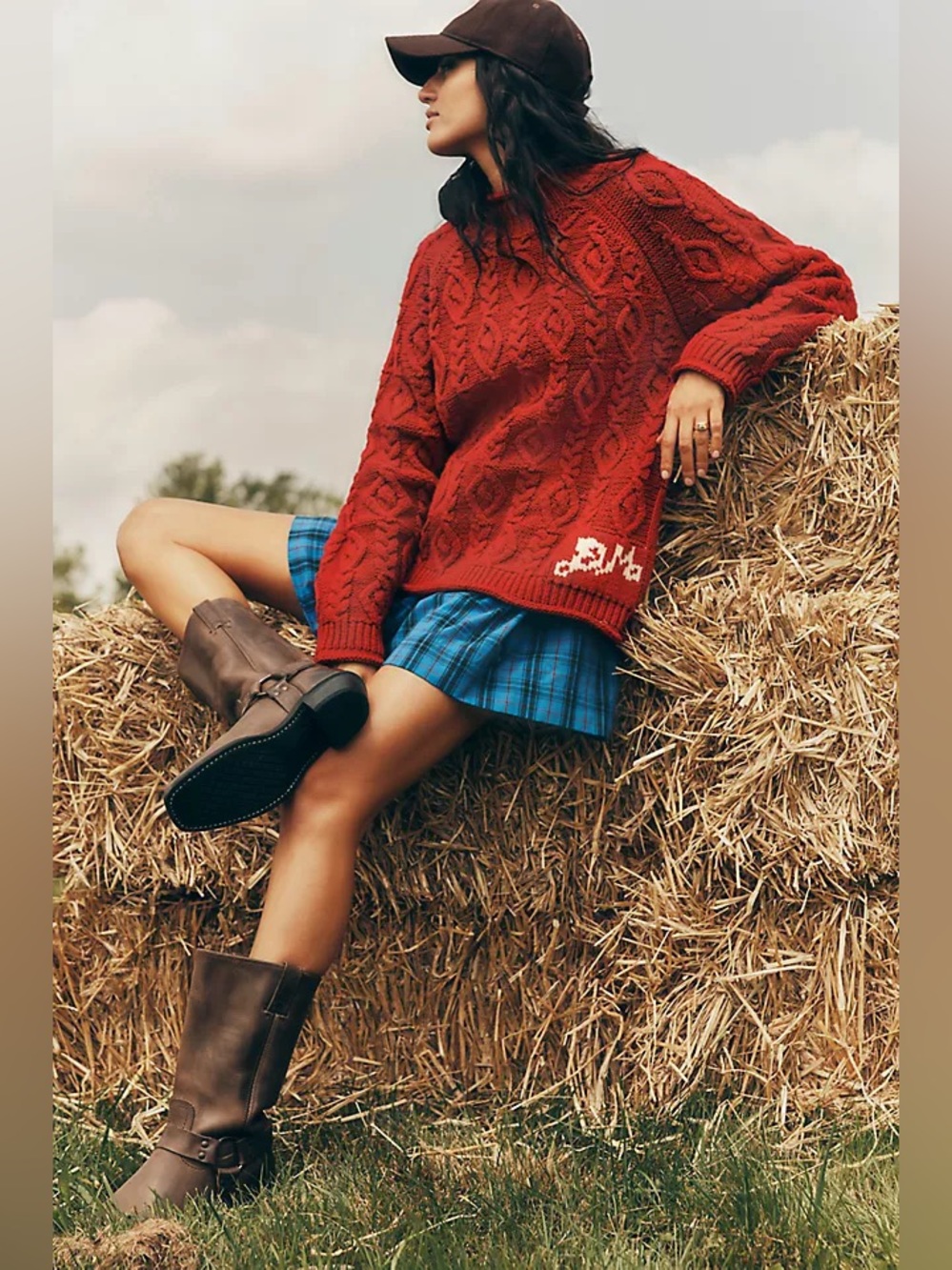 Damson Madder stitch interest red roll neck cable knit wool sweater